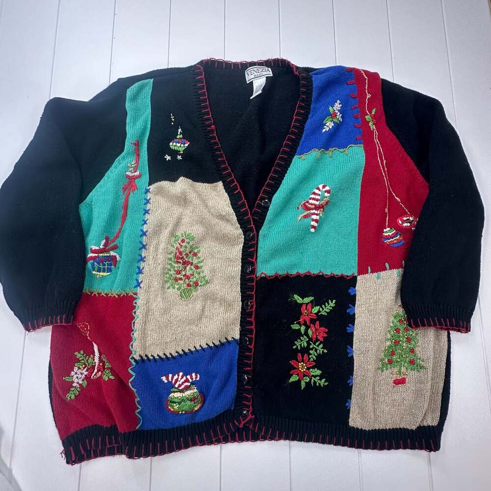 Vintage Venezia Vitale Patchwork Embroidered Christmas Holiday Cardigan Sweater